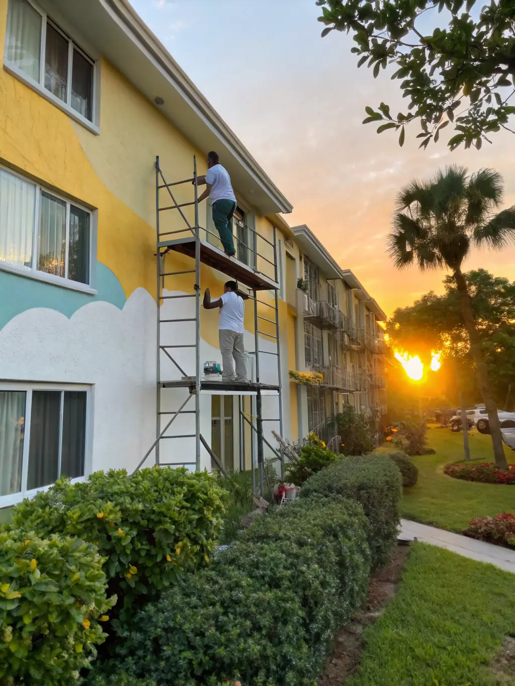An apartment complex being painted with a cohesive color scheme to enhance its overall appeal and attract tenants.