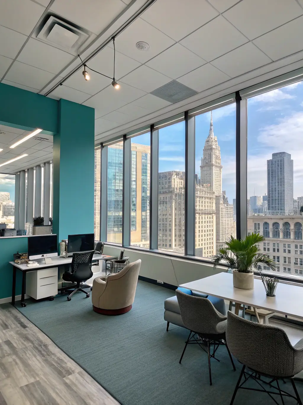 A professional office space being painted with neutral, calming colors, showcasing a clean and efficient work environment.