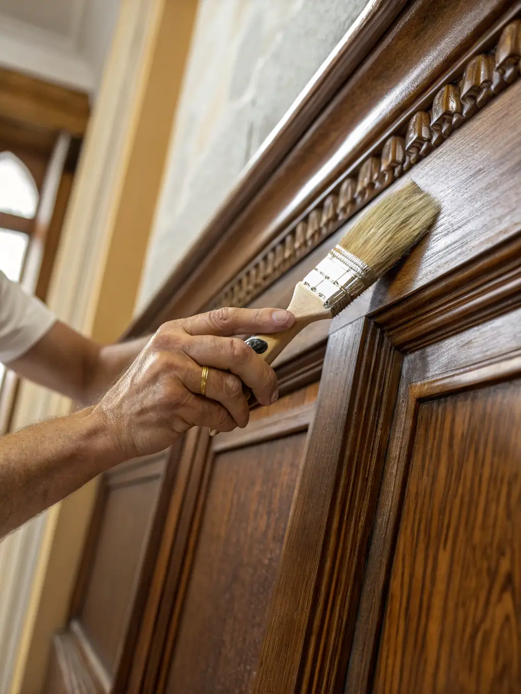A close-up shot of a painter from Jeilor Painting LLC carefully painting trim work in a home, demonstrating attention to detail and precision in their work.