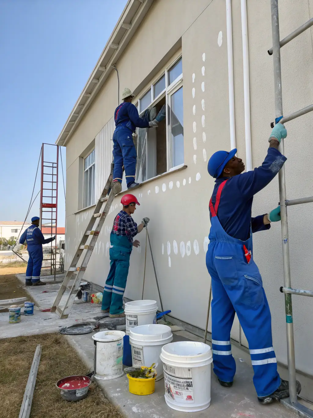 A commercial building exterior being painted by Jeilor Painting LLC, with painters using professional equipment to apply a fresh coat of paint, emphasizing the scale and quality of the work.